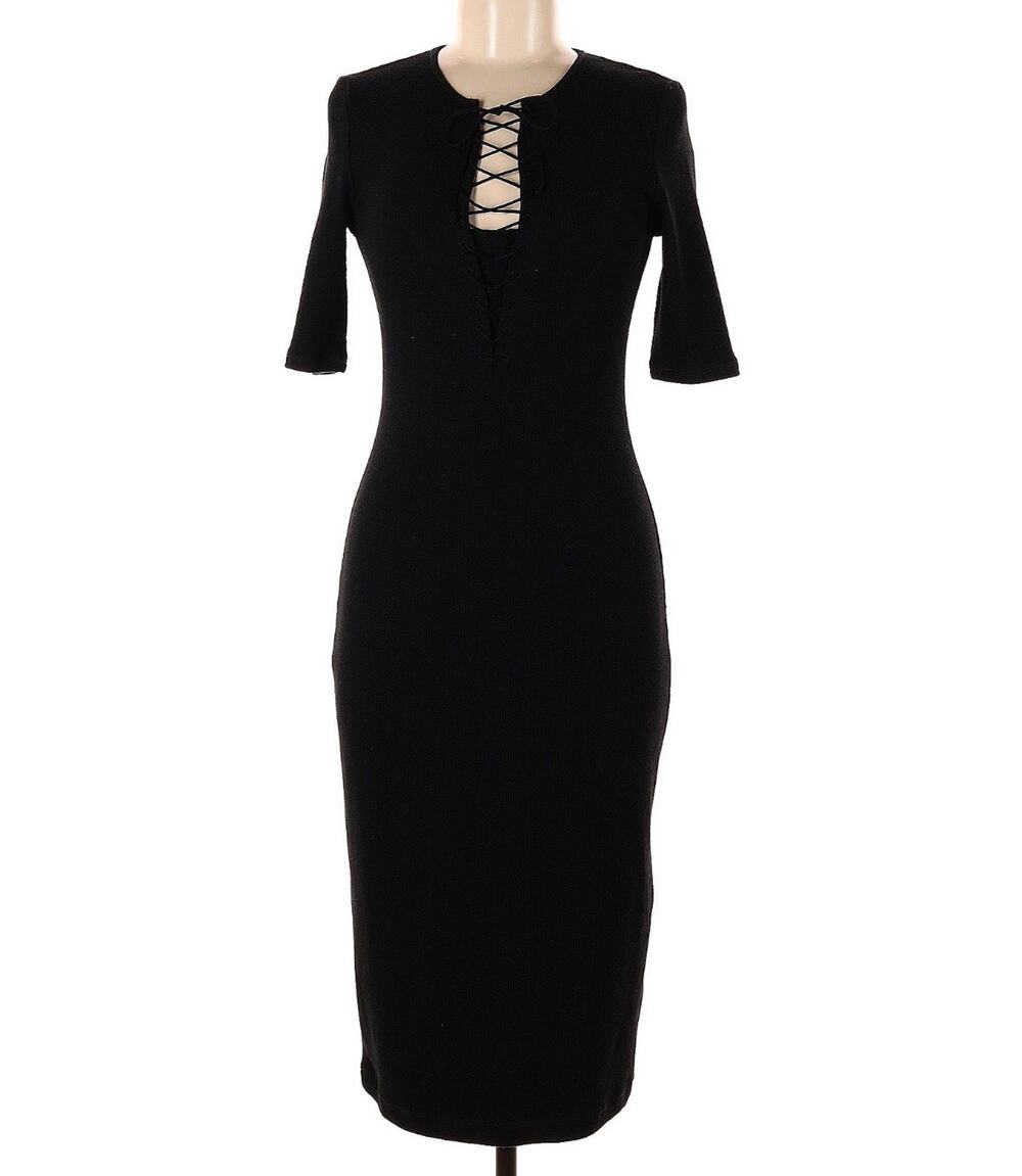 Derek Lam 10 Crosby Black Ribbed Knit Lace Up Bodycon Midi Dress Size 8 EUC